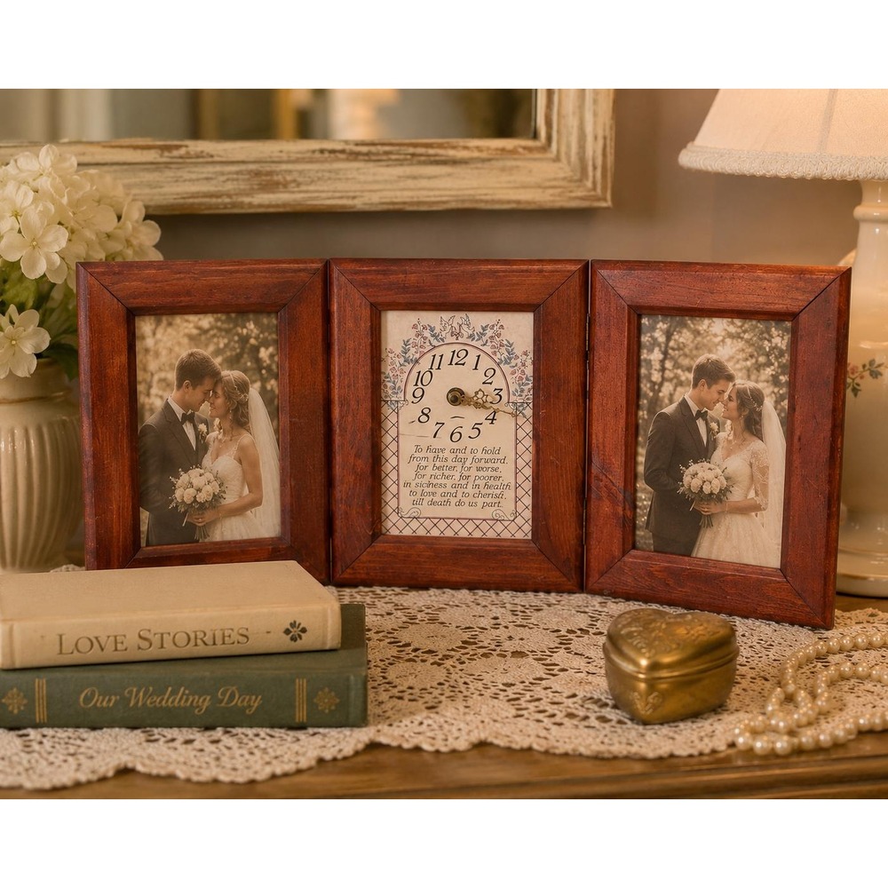 VTG Wedding Photo Frame Clock Triple Wood Frame Quartz Clock Anniversary Gift